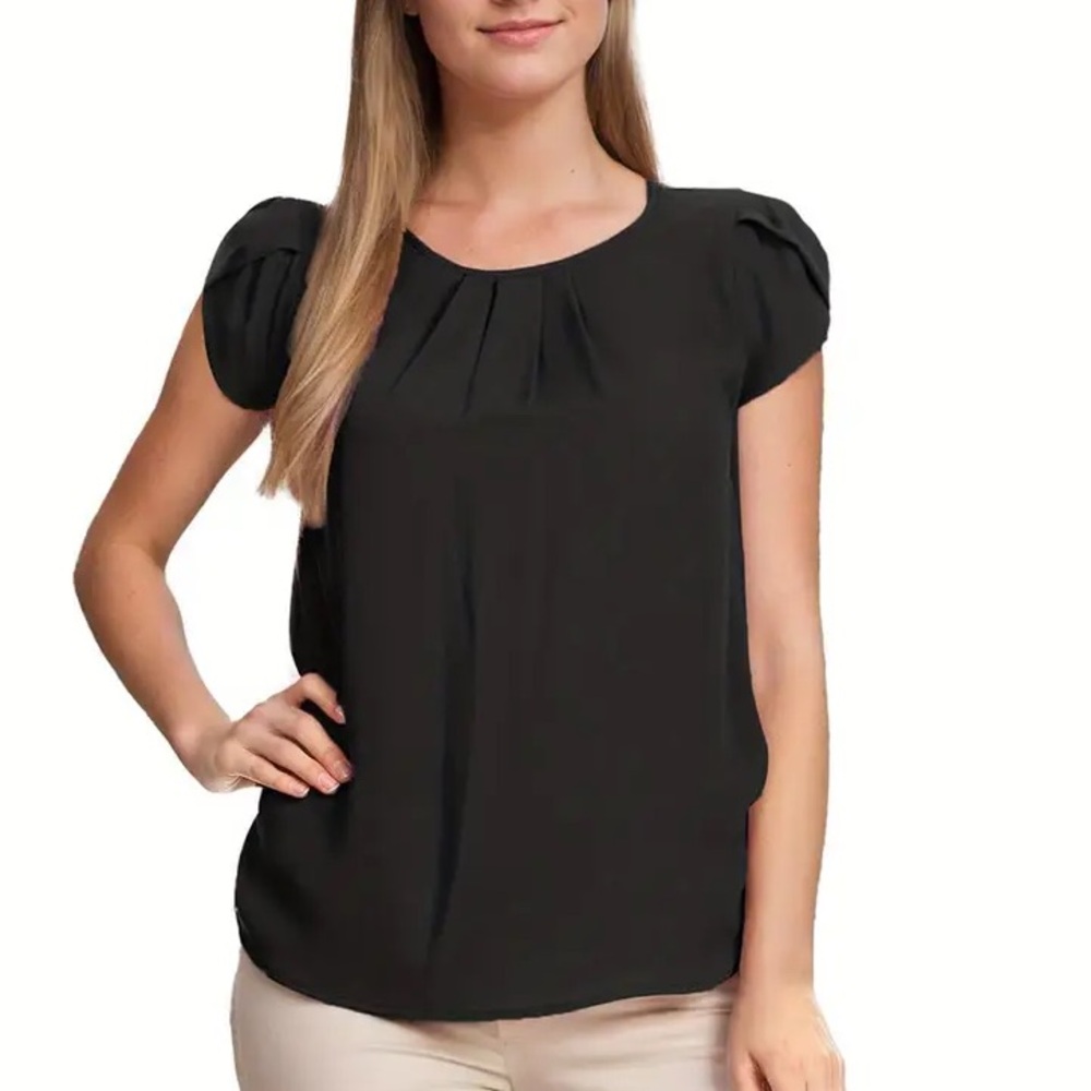 SHEIN Pleated Chiffon Blouse with Tulip Cap Short Sleeves and Keyhole Back M